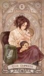  1girl brown_eyes brown_hair chair collared_shirt commentary english_commentary english_text glasses hange_zoe highres mame_han_chan medium_hair parted_bangs parted_lips ponytail roman_numeral shingeki_no_kyojin shirt sitting smile survey_corps_(emblem) tarot the_empress_(tarot) titan_(shingeki_no_kyojin) white_shirt 