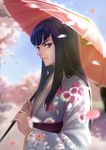  black_hair blue_eyes highres japanese_clothes kill_la_kill kimono kiryuuin_satsuki konoy long_hair oriental_umbrella petals solo umbrella 