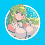  1girl blue_background blush blush_stickers border breasts closed_mouth collared_shirt commentary_request detached_sleeves frog_hair_ornament green_eyes green_hair hair_ornament hair_tubes highres keroyan kochiya_sanae large_breasts long_hair looking_at_viewer round_border shirt single_hair_tube sleeveless sleeveless_shirt smile snake_hair_ornament solo touhou upper_body white_shirt 