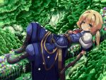  1girl belt black_boots blue_eyes blue_pants blue_skirt boots brown_belt commentary_request fingerless_gloves flower forest frederica_irving full_body gloves gun hair_between_eyes hair_intakes hand_on_own_stomach holding holding_gun holding_weapon ichina_(osabakitina) looking_at_viewer lying nature necktie on_back pants puffy_pants puffy_short_sleeves puffy_sleeves red_necktie sekaiju_no_meikyuu shin_sekaiju_no_meikyuu short_sleeves skirt solo tree twintails under-elbow_gloves weapon 