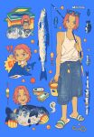  1girl animal bare_arms bare_shoulders blue_shorts breasts bucket chibi clenched_hand closed_mouth commentary_request crossed_arms crossed_legs denim denim_shorts eyewear_on_head fish fish_hook fish_skeleton fishing_line fishing_lure fishing_rod full_body ghost green_eyes haruno_sakura highres holding holding_animal holding_bucket holding_fish holding_fishing_rod light_smile medium_breasts multiple_views naruto_(series) parted_bangs pink_hair riding_shark sandals shark shirt short_hair shorts sleeveless sleeveless_shirt smirk solo sparkling_eyes standing sunglasses supermango714 tank_top tin_(container) white_shirt white_tank_top 