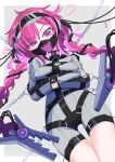  1girl absurdres alligator_clip arms_across_body arms_under_breasts bdsm blindfold blindfold_on_head bound bound_arms braid breasts cable chain collar commentary_request highres lock long_hair mask medium_breasts menou_74 mouth_mask original padlock purple_eyes purple_hair red_pupils solo straitjacket twin_braids uneven_eyes variant_set very_long_hair 