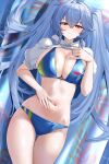  1girl absurdres air_mattress azur_lane bikini blue_bikini blue_hair blush breasts cleavage clothes_pull commentary crossed_bangs drawstring essex_(azur_lane) essex_(telepathy_training)_(azur_lane) finger_in_navel groin hair_between_eyes highres hood hood_down large_breasts long_hair lying navel official_alternate_costume on_back parted_lips poking_belly pool print_bikini puffy_short_sleeves puffy_sleeves short_sleeves shrug_(clothing) sidelocks skindentation solo star_(symbol) star_print star_print_bikini stomach swimsuit twintails very_long_hair water white_shrug yellow_eyes zerotwenty_(020) 