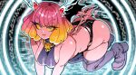  1girl all_fours bare_shoulders bat_wings bikini boots breasts colored_skin commentary_request demon_girl halterneck high_heels horns jewelry kafun necklace o-ring o-ring_bikini original pink_skin skull skull_necklace swimsuit thigh_boots thong thunder turtleneck wings 