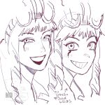  1girl animification artist_name bags_under_eyes commentary_request drill_hair evil_grin evil_smile facial_tattoo frabeejo greyscale grin headgear highres inu_muchamucha looking_at_viewer monochrome ninja ninpuu_sentai_hurricanger open_mouth sidelocks simple_background sketch smile smug solo super_sentai tattoo teeth tokusatsu translation_request twin_drills twitter_username upper_teeth_only white_background 