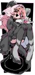  1girl absurdres black_background black_dress black_eyes black_horns black_mouth black_tail black_thighhighs blush commentary cross cross_print cup demon_girl demon_horns dress drinking_glass femme_soule gloves goat_horns grey_shirt hair_intakes heterochromia high_heels highres holding holding_cup horns inverted_cross knees long_hair long_sleeves looking_at_viewer open_mouth pink_eyes pink_hair pukey_goddess_shot_trick shirt shot_glass simple_background sitting smile solo striped_blush tail thighhighs tsuru_(nekopanchi) white_gloves 