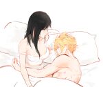  1boy 1girl arm_support bed_sheet bite_mark bite_mark_on_shoulder black_hair blonde_hair breasts camisole closed_eyes closed_mouth cloud_strife collarbone couple cuddling final_fantasy final_fantasy_vii hetero hickey large_breasts long_hair lying on_side pillow profile short_hair sitting sleeping spiked_hair strap_slip tifa_lockhart under_covers upper_body wa6gma white_camisole 