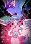  2girls bagsanhui5 bed blue_eyes book book_stack bug butterfly chinese_clothes chrysalis_(miraculous_ladybug) colored_skin commentary_request corrupted_twitter_file dress earrings floral_print floral_print_dress freckles gold_earrings green_eyes grey_hair hair_bun highres holding holding_snow_globe jewelry korean_commentary lila_rossi marinette_dupain-cheng miraculous_ladybug multiple_girls official_alternate_costume pink_dress pink_lips print_dress purple_butterfly purple_mask purple_skin qipao single_side_bun snow_globe 