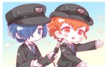  1boy 1girl black_hat blue_eyes blue_hair blue_necktie chibi chibi_only commentary hair_over_one_eye hat komari0406 megami_tensei necktie open_mouth outside_border persona persona_3 persona_3_portable red_eyes red_hair shiomi_kotone shirt two-tone_background untranslatable_commentary white_shirt yuuki_makoto_(persona_3) 
