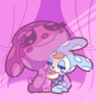  1girl animal_crossing animal_ears animal_nose black_dress blonde_hair blue_eyeshadow blue_fur blush_stickers character_doll chrissy_(animal_crossing) commentary curtains doll dot_nose dress eyelashes eyeshadow francine_(animal_crossing) furry furry_female hugging_doll hugging_object kopa_nishikida makeup pink_fur pink_hood polka_dot polka_dot_dress purple_background rabbit_ears rabbit_girl rabbit_tail siblings sisters stuffed_toy tail 