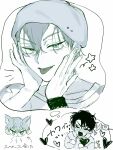  2boys absurdres alien alien_stage animal_ears beanie blush cat_ears commentary greyscale hands_on_own_face hat highres ivan_(alien_stage) male_focus mizore_o87 monochrome multiple_boys open_mouth star_(symbol) till_(alien_stage) tongue tongue_out 