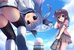  arm_up ass bag bent_over black_legwear blue_eyes blue_hair boots brown_dress brown_eyes brown_hair cameltoe cloud commentary_request day dress flying_saucer from_behind hand_behind_head highres insanity knee_boots komiya_nonoka leg_up long_hair looking_back multiple_girls noel_(sora_no_method) open_mouth outdoors panties pink_shirt ribbon scrunchie shirt short_dress short_hair side_ponytail sky smile sora_no_method space_craft standing standing_on_one_leg thighhighs two_side_up underwear white_dress white_footwear white_panties white_shirt 