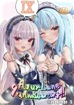  2girls azur_lane bare_shoulders blue_dress blue_hair breasts clam_shell_ornament commentary_request detached_sleeves dress frilled_headwear halford_(azur_lane) juliet_sleeves long_hair long_sleeves looking_at_viewer makihige medium_breasts multiple_girls neptune_(azur_lane) one_eye_closed open_mouth puffy_sleeves red_eyes roman_numeral simple_background very_long_hair watermark white_background 