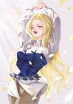  1girl akira729_illust arms_up blonde_hair blouse blue_corset breasts brown_pants celes_chere celes_chere_(weekend_mode) closed_eyes collared_shirt commentary_request corset cowboy_shot dissidia_duellum_final_fantasy dissidia_final_fantasy dress_shirt falling_petals final_fantasy final_fantasy_vi grey_background highres laughing long_hair medium_breasts official_alternate_costume open_mouth own_hands_together pants parted_bangs petals shirt smile solo wavy_hair white_shirt yellow_petals 