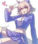  1girl absurdres animal_ears blue_boots blue_jacket blue_skirt blush boots breasts commentary_request cropped_jacket curren_chan_(umamusume) dixie_cup_hat ears_through_headwear grey_hair hair_between_eyes hat heart highres horse_ears horse_girl horse_tail jacket kasei_ovo long_sleeves looking_at_viewer midriff military_hat navel open_mouth pacific_racing_team purple_eyes race_queen short_hair skirt smile solo tail teeth thigh_boots umamusume upper_teeth_only 