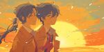  2boys absurdres ahoge an-ko_(ankoankoazuki) antenna_hair black_hair black_vest brothers closed_eyes cloud coat collared_shirt colored_eyelashes commentary_request d.gray-man eyelashes facing_ahead facing_to_the_side falling_petals grin hair_between_eyes hair_ribbon highres long_hair looking_at_another low_ponytail male_focus mana_walker multiple_boys nea_d_campbell neckerchief open_clothes open_coat orange_coat orange_sky parted_bangs parted_lips petals ponytail red_neckerchief ribbon shirt short_hair siblings sidelocks sky smile spiked_hair sunset trench_coat twins upper_body vest white_petals white_ribbon white_shirt yellow_eyes 