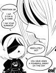  1girl 2b_(nier:automata) artist_name black_dress black_hairband blindfold chibi cleavage_cutout clothing_cutout covered_eyes dress hairband highres juliet_sleeves leotard long_sleeves mole mole_under_mouth nier:automata nier_(series) puffy_sleeves rave_vii short_hair speech_bubble talking white_hair 