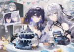  2girls :o ;o absurdres balloon birthday_cake black_hair blue_eyes blue_hair breasts bronya_zaychik bronya_zaychik_(haxxor_bunny) bronya_zaychik_(herrscher_of_reason) bronya_zaychik_(herrscher_of_truth) bronya_zaychik_(silverwing:_n-ex) cake cake_slice cleavage coffee_mug commentary cup decorations earrings english_commentary food grey_eyes grey_hair highres homu_(honkai_impact) honkai_(series) honkai_impact_3rd indoors jewelry large_breasts long_hair mug multiple_girls one_eye_closed photo_(object) refrigerator seele_vollerei seele_vollerei_(wings_of_panacea) short_hair smile sticker triangle_mouth very_long_hair ying_haram 