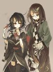  animal black_hair bow brown_eyes brown_hair checkered checkered_scarf dress futatsuiwa_mamizou futatsuiwa_mamizou_(human) glasses hands_in_pockets hisona_(suaritesumi) houjuu_nue japanese_clothes leaf leaf_on_head long_hair long_sleeves looking_at_another multiple_girls obi one_eye_closed open_mouth pants pom_pom_(clothes) red_eyes sash scarf short_hair simple_background smile snake thighhighs touhou vest wide_sleeves wings wrist_cuffs zettai_ryouiki 