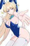  1girl absurdres animal_ears aqua_bow aqua_bowtie blonde_hair blue_archive blue_bow blue_halo blue_leotard blue_streaks blunt_bangs bow bowtie braid breasts cleavage closed_mouth commentary covered_navel cowboy_shot detached_collar dutch_angle fake_animal_ears fake_tail foreshortening green_eyes hair_bow hair_intakes half_up_braid halo hand_up headset highleg highleg_leotard highres jesh_art large_breasts leaning_forward leotard long_hair looking_at_viewer multicolored_hair official_alternate_costume official_alternate_hairstyle playboy_bunny rabbit_ears rabbit_tail reaching reaching_towards_viewer sidelocks signature simple_background skindentation solo straight_hair strapless strapless_leotard streaked_hair tail thighhighs toki_(blue_archive) toki_(bunny)_(blue_archive) tsurime v very_long_hair white_background white_thighhighs white_wrist_cuffs wrist_cuffs 