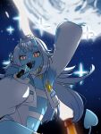  1girl absurdres ahoge blue_jacket blue_oni blue_skin blue_tail blue_tongue breasts bright_pupils clothing_cutout colored_skin colored_tongue demon_tail eyeliner flat_chest grey_hair highres horns indie_virtual_youtuber jacket kuutuber leotard long_hair makeup microphone moon navel navel_cutout night oni open_mouth pointy_ears red_eyes sharp_teeth skin-covered_horns sky small_breasts solo star-shaped_pupils star_(sky) star_(symbol) starry_sky symbol-shaped_pupils tail teeth thighhighs thighs unkokk0 virtual_youtuber white_jacket white_leotard white_pupils yellow_eyeliner 
