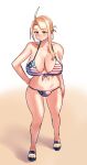  1girl absurdres ahoge alternate_costume american_flag american_flag_bikini american_flag_print aqua_eyes asymmetrical_hair bikini blonde_hair blue_eyes breasts commentary_request flag_print flag_print_bikini front-tie_bikini_top front-tie_top hair_bun highres huge_breasts kantai_collection long_hair long_single_sidelock print_bikini quanero sandals solo standing swimsuit wasp_(kancolle) 