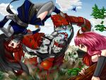  2girls armor backflip blue_kimono blue_sky bodysuit bodysuit_under_clothes cloud commentary_request explosion full_body golem grey_bodysuit grey_scarf helmet japanese_armor japanese_clothes kabuto_(helmet) kimono kote long_hair mask mouth_mask multiple_girls ninja ninja_mask pink_hair pixiv_fantasia pixiv_fantasia_new_world red_eyes red_hair red_scarf samurai scarf sengoku_esuji short_hair sky tree 