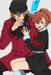 ! !! 1boy 1girl aragaki_shinjirou armband artist_request beanie black_hat black_skirt blush brown_eyes brown_hair coat commentary_request gekkoukan_high_school_uniform gift_art grey_background hair_ornament hairclip hat hetero highres korean_commentary long_hair long_sleeves looking_at_viewer open_mouth pants persona persona_3 persona_3_portable red_armband red_coat red_eyes s.e.e.s school_uniform second-party_source shiomi_kotone short_hair simple_background sitting sitting_on_leg skirt smile 