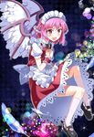  animal_ears blurry bokeh bow depth_of_field dress e.o. feathers hands_on_own_chest hat jpeg_artifacts light_particles maid maid_headdress mystia_lorelei open_mouth pink_hair red_eyes short_hair smile solo touhou wings wrist_cuffs 