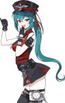  1girl absurdres arm_strap asymmetrical_legwear bare_shoulders bianca_(black_survival) bianca_(prison_guard)_(black_survival) black_gloves black_hat black_skirt black_survival black_thighhighs blue_hair breasts collared_shirt commentary_request cuffs dalgam12 eternal_return:_black_survival fishnet_thighhighs fishnets gloves grin handcuffs hat highres key korean_commentary long_hair looking_at_viewer low_ponytail medium_breasts miniskirt peaked_cap pleated_skirt ponytail red_eyes red_shirt shirt simple_background skirt sleeveless sleeveless_shirt smile solo standing symbol-shaped_pupils thighhighs thighs very_long_hair whistle whistle_around_neck white_background 