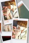 2025_tanso bleach brown_eyes collared_shirt commentary_request couple drawn_whiskers flower hair_between_eyes hetero highres holding_hands interlocked_fingers kiss kissing_hand korean_commentary kurosaki_ichigo looking_at_viewer male_focus orange_hair parted_lips pink_flower pink_rose polaroid_photo rose shirt short_hair smile spiked_hair striped_clothes striped_shirt veins veiny_hands vertical-striped_clothes vertical-striped_shirt 