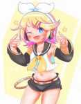  1girl belt black_sailor_collar black_shorts black_sleeves blonde_hair blue_eyes bow breasts commentary_request cowboy_shot detached_sleeves double_w fang hair_ornament hairclip headphones highres kagamine_rin midriff navel neckerchief one_eye_closed open_mouth orangehamu parallel_hairclips sailor_collar shirt short_hair shorts sleeveless sleeveless_shirt small_breasts smile vocaloid w white_bow white_shirt yellow_belt yellow_nails yellow_neckerchief yellow_trim 