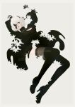  1girl 2b_(nier:automata) arm_behind_head arms_up black_boots black_dress black_gloves black_hairband blindfold boots breasts cleavage cleavage_cutout clothing_cutout dress facing_viewer feather-trimmed_sleeves flower full_body gloves grey_hair hairband high_heel_boots high_heels highres lips lying medium_breasts mitsuki_nite mole mole_under_mouth nier:automata nier_(series) on_back pink_lips puffy_sleeves short_hair side_slit simple_background solo thigh_boots thighhighs thighhighs_under_boots thighs white_flower 