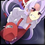  bow cigarette fujiwara_no_mokou grin hair_bow hair_ribbon hands_in_pockets long_hair miton_(turuyasann) red_eyes ribbon silver_hair smile solo suspenders touhou 