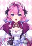  1girl :d absurdres ahoge backpack bag blue_bag blush breasts cleavage crystal_horns demon_girl demon_horns dress hair_ornament hat heart heart_ahoge heart_hair_ornament highres horns ironmouse ironmouse_(wonderland_reject) large_breasts long_hair looking_at_viewer miracle_(waaaracle) multicolored_hair open_mouth pink_dress pink_hair pointy_ears purple_eyes purple_hair purple_hat simple_background smile solo streaked_hair twintails virtual_youtuber vshojo white_sleeves 