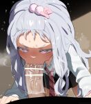  1boy 1girl absurdres bar_censor blush borrowed_character censored commentary_request fellatio grey_hair hetero highres kanae_(rj) long_hair long_sleeves mizumizuni necktie oral original penis pink_necktie purple_eyes saliva saliva_on_penis shirt solo_focus striped_clothes striped_necktie sweat white_shirt 