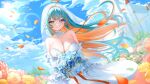  1girl absurdres ahoge bare_shoulders blue_eyes blue_flower blue_hair blue_rose blue_sky blurry blurry_background blurry_foreground blush bouquet breasts bridal_veil character_request cho_913 church cleavage closed_mouth cloud cloudy_sky colored_inner_hair commentary_request commission copyright_request day dress dutch_angle elbow_gloves falling_petals floating_hair flower gloves heart heart_ahoge highres korean_commentary large_breasts long_hair looking_at_viewer multicolored_hair non-circular_lens_flare orange_hair orange_pupils outdoors petals pink_flower pink_rose rose see-through_clothes see-through_veil sky smile solo split_mouth strapless strapless_dress streaked_hair two-tone_hair upper_body veil very_long_hair wedding_dress white_dress white_flower white_gloves white_rose yellow_flower 