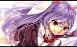  1girl animal_ears blazer bunny_ears grin jacket letterboxed long_hair necktie purple_hair red_eyes red_necktie reisen_udongein_inaba skirt smile solo touhou yuhito_(ablbex) 