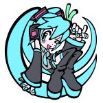  1girl aqua_eyes aqua_hair aqua_nails aqua_necktie bare_shoulders breasts commentary detached_sleeves floating food grey_shirt hair_between_eyes hair_ornament hatsune_miku headset highres holding holding_food holding_spring_onion holding_vegetable kaylla limited_palette long_hair looking_at_viewer necktie one_eye_closed open_mouth pale_skin pinky_out shirt simple_background sleeveless sleeveless_shirt smile solo spring_onion thighhighs twintails vegetable very_long_hair vocaloid 