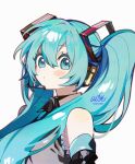  1girl aqua_eyes aqua_hair aqua_necktie bare_shoulders black_sleeves blue_eyes blue_hair blush breasts commentary_request detached_sleeves grey_shirt hair_between_eyes hair_ornament hatsune_miku headset highres kawasaki_(kwsk_8765) long_hair looking_at_viewer necktie shirt simple_background sleeveless sleeveless_shirt solo twintails upper_body very_long_hair vocaloid white_background 
