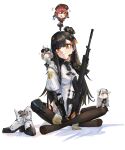  4girls aa-12_(girls'_frontline) ahoge ak-alfa_(girls'_frontline) assault_rifle bai_zhi black_gauntlets black_hair black_pantyhose black_thighhighs blonde_hair blue_eyes blush boots breasts brown_eyes cheeta_(girls'_frontline_2) chibi closed_mouth commentary_request crossed_legs dress earpiece full_body girls'_frontline girls'_frontline_2:_exilium grey_hair griffin_&amp;_kryuger_logo gun hair_bun hair_ornament hair_ribbon hairclip highres holding holding_gun holding_weapon knee_pads lind_(girls'_frontline_2) lips long_hair long_sleeves looking_at_another looking_at_viewer medium_breasts medium_hair mp7_(girls'_frontline) multiple_girls night_vision_device one_eye_closed orange_eyes pantyhose qbz-191 qbz-191_(girls'_frontline) qiongjiu_(girls'_frontline_2) red_hair ribbon rifle short_hair simple_background sitting smile thighhighs tololo_(girls'_frontline_2) unworn_boots weapon white_background white_boots white_dress yellow_eyes 