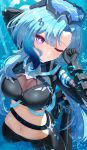 1girl absurdres black_gloves blue_hair breasts commentary_request crop_top diving_suit eight_(eight3rd1) gloves goggles goggles_on_head griseo griseo_(cosmic_expression) griseo_(star-speckled_blue) highres honkai_(series) honkai_impact_3rd large_breasts long_hair looking_at_viewer navel official_alternate_costume one_eye_closed purple_eyes solo stomach underwater very_long_hair 