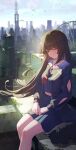  1girl absurdres arm_cutout bird black_cat black_hair black_jacket black_serafuku black_shirt black_skirt blue_sky box_(bagsang59049289) breasts cat chisa_(wuthering_waves) closed_mouth clothing_cutout commentary day from_side highres jacket long_hair long_sleeves looking_at_viewer looking_to_the_side medium_breasts neckerchief outdoors red_eyes red_neckerchief revision sailor_collar school_uniform serafuku shirt sitting skirt sky smile solo white_bird white_sailor_collar wind wuthering_waves 