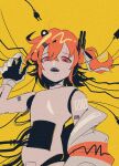  1girl a.i._voice absurdres adachi_rei android cable commentary dk_silky hand_up highres joints looking_at_viewer lying nude on_back one_side_up open_mouth orange_eyes orange_hair robot_joints solo untranslatable_commentary upper_body utau yellow_background 
