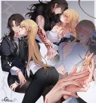  2girls absurdres artist_name ass assertive_female blonde_hair blush breasts brown_eyes command_spell commentary_request cross cross_necklace earrings fate/stay_night fate_(series) genderswap genderswap_(mtf) genderswap_on_genderswap gilgamesh_(fate) gilgamesh_(immoral_biker_jacket)_(fate) grabbing_another's_chin gz_(gyoju) hand_on_another's_chin highres holding_hands jewelry kotomine_kirei large_breasts licking_lips long_hair multiple_girls necklace nun partially_unbuttoned red_eyes shirt tattoo tight_clothes tight_shirt toned toned_female tongue tongue_out white_shirt yuri 