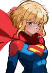  1girl absurdres artist_name blonde_hair blue_bodysuit blue_eyes bodysuit breasts cape closed_mouth commentary dc_comics highres ierdid looking_at_viewer medium_breasts my_adventures_with_superman red_cape sidelocks simple_background solo supergirl supergirl_(my_adventures_with_superman) superhero_costume superman_(series) superman_logo twitter_username upper_body white_background 