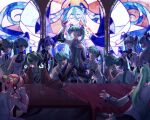  6+girls 7th_dragon_(series) 7th_dragon_2020 aqua_eyes aqua_hair aqua_necktie aqua_trim armpits artist_name bare_shoulders black_ribbon black_skirt black_sleeves black_thighhighs cardigan collared_shirt commentary crying crying_with_eyes_open cup detached_sleeves drinking_glass english_commentary eyewear_on_head fine_fabric_emphasis grey_shirt grin hair_between_eyes hair_ornament hatsune_miku hatsune_miku_(conflict) hatsune_miku_(heartbeat) hatsune_miku_(infinity) hatsune_miku_(nt) hatsune_miku_(pansy) hatsune_miku_(ribbon_girl) hatsune_miku_(shiny) hatsune_miku_(vocaloid3) hatsune_miku_(vocaloid4) highres holding holding_cup indoors long_hair multiple_girls multiple_persona neck_ribbon necktie number_tattoo official_alternate_costume piapro_studio pink_hair pink_sleeves pleated_skirt project_diva_(series) red_cardigan reflective_surface ribbon sakura_miku see-through_clothes see-through_sleeves shirt shoulder_tattoo skirt sleeveless sleeveless_shirt smile suna_no_wakusei_(vocaloid) sunglasses table tablecloth tattoo tearing_up tears the_last_supper thighhighs twintails twitter_username v4x velvetterabby very_long_hair vocaloid white_shirt white_trim wide_sleeves wine_glass wing_collar zettai_ryouiki 