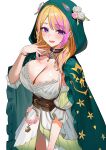  1girl :d absurdres aki_rosenthal animal_ears black_choker blonde_hair braid breasts brown_corset choker cleavage cloak commentary_request corset detached_sleeves dress elf green_cloak green_dress green_nails hand_up haro_art highres hololive hood hood_up hooded_cloak large_breasts layered_dress long_hair looking_at_viewer multicolored_hair nail_polish open_mouth pink_streaks pleated_dress pointy_ears purple_eyes side_braid simple_background sleeveless sleeveless_dress smile solo streaked_hair swept_bangs virtual_youtuber white_background white_dress 