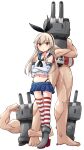  1girl 3others anchor_hair_ornament black_hairband black_neckerchief black_panties blonde_hair blue_sailor_collar blue_skirt brown_eyes commentary crop_top crossed_arms elbow_gloves full_body gloves hair_ornament hairband highleg highleg_panties kakizaki_(chou_neji) kantai_collection long_hair looking_at_viewer microskirt miniskirt multiple_others muscular_arms muscular_other neckerchief panties pleated_skirt rensouhou-chan sailor_collar shimakaze_(kancolle) shirt simple_background skirt sleeveless sleeveless_shirt standing striped_clothes striped_thighhighs thighhighs underwear white_background white_gloves 