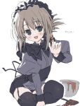  1girl :d alternate_costume aqua_eyes black_bow black_bowtie black_panties black_skirt black_thighhighs blush bow bowtie brown_hair chocolate chocolate_on_hand collared_shirt commentary_request fang feet_out_of_frame folded_ponytail food_on_hand frilled_hairband frills garter_straps grey_shirt hair_between_eyes hairband hand_up heart highres index_finger_raised juliet_sleeves long_sleeves looking_at_viewer medium_hair mofukoke open_mouth panties puffy_sleeves shirt sidelighting simple_background sitting skin_fang skirt smile solo subarashiki_hibi tachibana_kimika thighhighs translated underwear white_background 